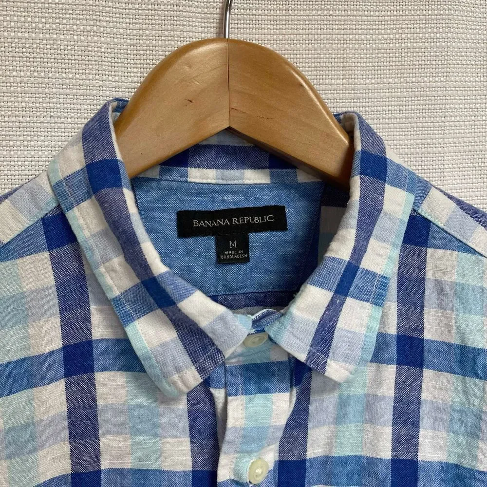 Banana Republic Men Linen/Cotton Blue and White Plaid Shirt Sz M